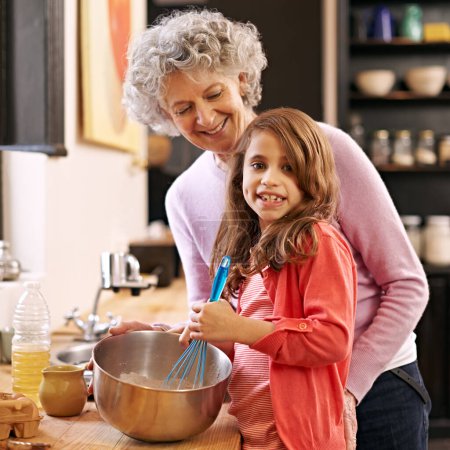 Photo for Baking, mix or portrait of grandmother with child in kitchen teaching a recipe for support or learning in home. Family, cooking or girl with bowl, grandma or senior woman for dinner, supper or lunch. - Royalty Free Image