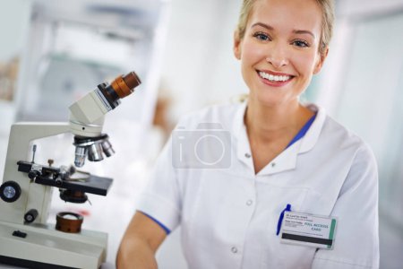 Photo for Happy, microscope or portrait of scientist or woman in laboratory for research, medical analysis or test. Smile, investigation or proud science expert with solution for future development or results. - Royalty Free Image