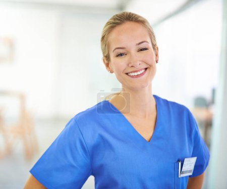 Photo for Healthcare, portrait and happy woman nurse in hospital for help, internship or friendly service. Health, face and female medical student at a clinic for emergency assistance, treatment or surgery. - Royalty Free Image