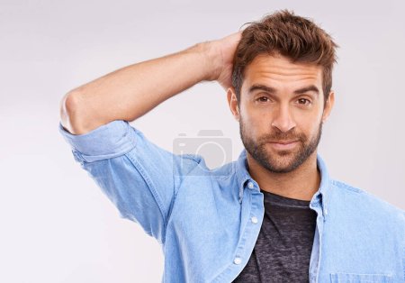 Photo for Thinking, doubt or portrait of man in studio with confused, gesture or reaction on white background. Why, hmm and face of male model with suspicious expression, body language or question sign. - Royalty Free Image