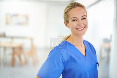 Photo for Healthcare, portrait and woman nurse in hospital for help, internship or friendly service. Health, face and happy female medical student at a clinic for emergency assistance, treatment or surgery. - Royalty Free Image