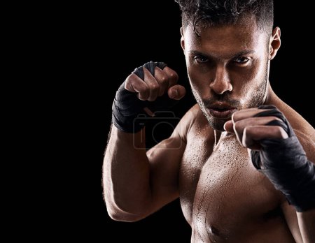 Photo for Body, fitness or portrait of man boxer in studio for power, resilience and training on black background. Fighter, face by kickboxing male at gym for wellness, energy or exercise, workout or match. - Royalty Free Image
