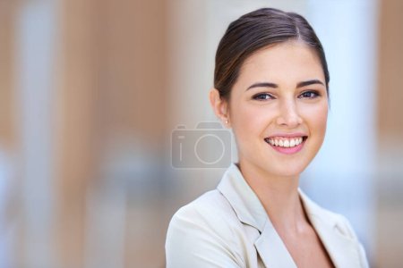 Photo for Business woman, portrait and happy for career, job and workplace confidence in human resources with mockup space. Face or headshot of a young worker or employee with ambition, smile and integrity. - Royalty Free Image