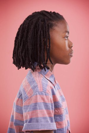 Photo for Thinking, profile and black boy kid in studio with why, questions or memory on red background. Planning, child development or African teen model with vision for solution, problem solving or insight. - Royalty Free Image