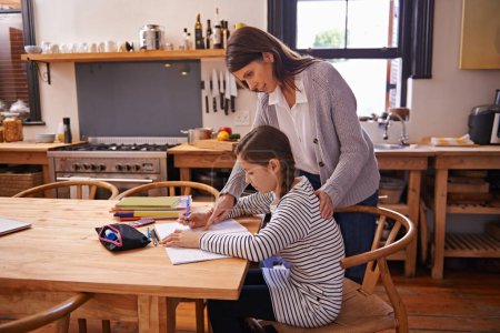Photo for Homework, mother and daughter for writing with help, advice and check for progress with education. Mom, girl and notebook with drawing, notes and development with learning in kitchen at family house. - Royalty Free Image