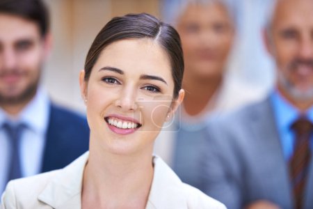 Photo for Business woman, portrait and leadership for confidence, teamwork and about us in office, workplace or law firm. Face of lawyers, employees and group of people with smile or happy for career or values. - Royalty Free Image