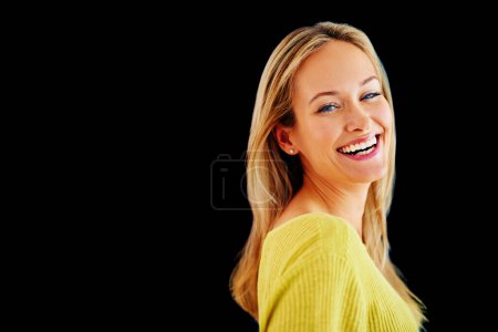 Photo for Fashion, mockup or portrait of happy woman laughing in studio isolated on black background for style. Clothes, lady or face of confident model or proud female person with discount deal, offer or sale. - Royalty Free Image