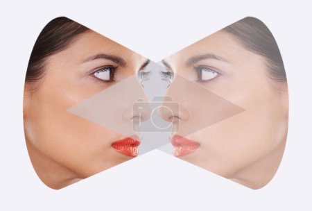 Photo for Woman, beauty and skincare in double exposure for cosmetics, makeup and dermatology on a white background. Model or young person with creative reflection, profile and looking at self in a studio. - Royalty Free Image