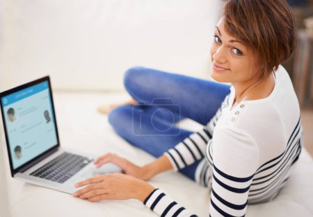 Photo for Laptop screen, woman and relax with chat app for communication, message and contact with date online. Portrait of person at home, bedroom and typing on computer with ui, internet and social media. - Royalty Free Image