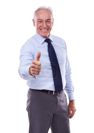 Photo for Portrait, ceo and happy man with thumbs up for business, success or support in studio isolated on a white background. Smile, senior and professional with like hand gesture for agreement or feedback. - Royalty Free Image