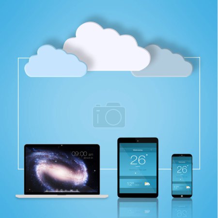Téléchargez les photos : Appareils, cloud computing et réseau pour la connexion avec des gadgets pour le stockage de données ou la mise à jour de bases de données et de logiciels. Papier peint, technologie et communication avec Internet pour virtuel ou numérique - en image libre de droit