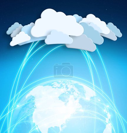 Téléchargez les photos : Cloud computing, icône et global avec graphique, données et connectivité avec transformation numérique. Réseautage, expansion futuriste et technologie de l'information avec serveur en ligne pour la terre avec carte. - en image libre de droit