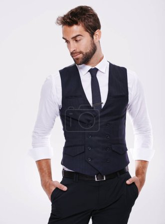 Photo for Vision, fashion and man with suit for style, elegance or formal wear isolated on white background. Male person, gentleman or businessman with trendy clothes, class or outfit with confidence in studio. - Royalty Free Image