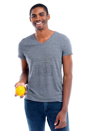 Photo for Man, lemon and portrait for fruit, healthy and fresh for diet, immune system and vitamin. African person or dietician and smile with snack for detox and citrus for antioxidant on white background. - Royalty Free Image