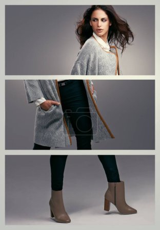 Photo for Coat, fashion collage or woman in portrait or studio for cool style, trendy jacket or comfortable outfit. Chic, lady or confident model in cozy heels or elegant winter clothing on grey background. - Royalty Free Image