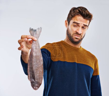 Photo for Man, disgust and fish with bad smell, odor or stink of animal or sea creature on a white studio background. Male person with gross facial expression of disgusted scent or smelly odd stench on mockup. - Royalty Free Image