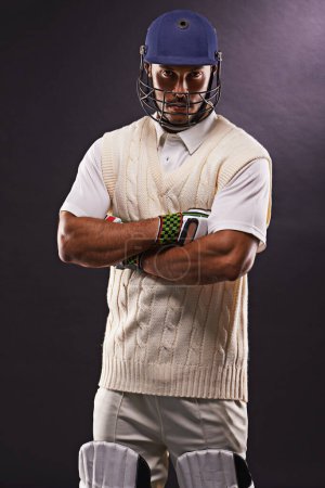 Photo for Man, portrait and cricket athlete or sports exercise in studio or professional match, competition or black background. Male person, gear and helmet on mockup for fitness training, performance or game. - Royalty Free Image