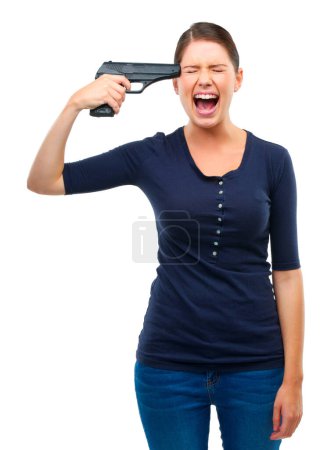Gun, depression or angry woman shouting in studio for stress, warning or mental health crisis on white background. Temple, weapon or lady model scream with anxiety, overthinking or self harm disaster.