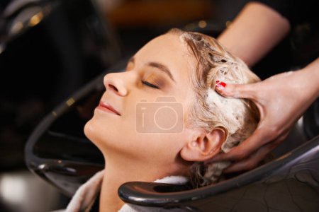Photo for Shampoo, washing and woman at basin with hairdresser for professional haircare, cleaning or luxury treatment. Grooming, hair care and client at salon for rinse, soap and small business with service. - Royalty Free Image