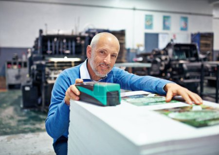 Photo for Printing, factory and portrait of man with paper for quality control, design or product inspection. Warehouse, printer workshop and person for logistics, manufacturing and industrial production. - Royalty Free Image