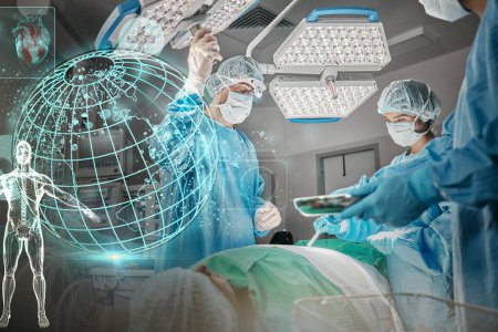 Photo for Doctors, hospital and hologram earth for healthcare in operating room for surgery, ppe and help for emergency. Surgeon, group and procedure in icu, 3d overlay and cardiology with heart icon at clinic. - Royalty Free Image