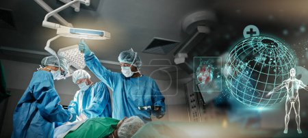 Photo for Doctors, hospital and surgery with global hologram of earth in operating room with ppe, anatomy and emergency. Surgeon, group and planet in icu, 3d overlay and cardiology with heart icon at clinic. - Royalty Free Image