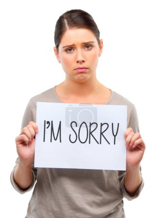 Photo for Sad, portrait and woman with Im sorry poster in studio with mistake, fail or regret on white background. Apology, face and female model frown with banner, announcement or broken heart presentation. - Royalty Free Image