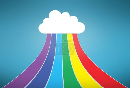 Photo for Cloud computing, data and streaming for upload with sign, rainbow and art graphic on blue background. Networking, storage icon and information technology for digital transformation with connectivity. - Royalty Free Image