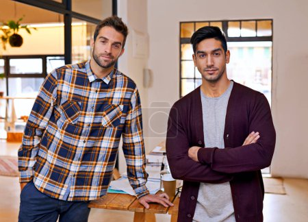 Photo for Small business, partner and portrait of men at creative startup with smile, confidence and opportunity for entrepreneur. Office, friends and design team with pride, arms crossed and collaboration - Royalty Free Image