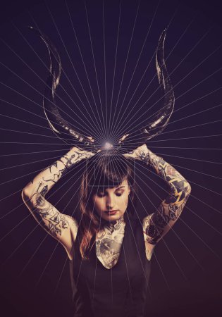 Photo for Horns, scary and woman with tattoo in studio for dark magic, horror or artistic aesthetic with mask. Creative nightmare, halloween culture or unique person with bone for demon on black background. - Royalty Free Image