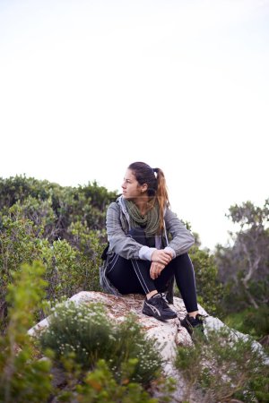 Photo for Woman, sitting and rock for hiking and adventure in nature with sneakers for walking outdoor and break. Young person or hiker and look for view in landscape with bush and plants for exercise and rest. - Royalty Free Image