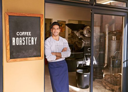 Photo for Barista, coffee shop and man in portrait for small business, owner with arms crossed and smile for service. Entrepreneur, cafe and drink store with hospitality, professional and server in industry. - Royalty Free Image