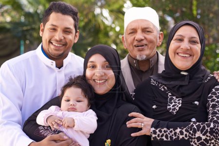Photo for Park, muslim and portrait of family with child for bonding, ramadan and outdoors together. Islam, happy people and grandparents with newborn infant for love, childcare and support in nature or garden. - Royalty Free Image