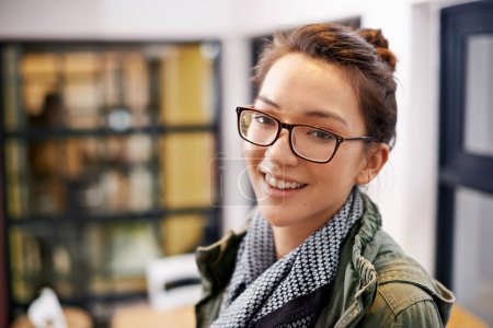 Photo for Happy woman, portrait and creative with glasses for career ambition or confidence at the office. Face of smart female person, employee or designer with smile for startup, mindset or positive attitude. - Royalty Free Image