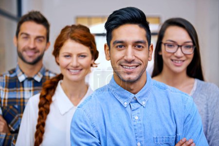 Photo for Colleagues, smile and portrait in office for teamwork, collaboration and professional career in company. Face, proud designers or group of happy people for business or diversity on project for job. - Royalty Free Image
