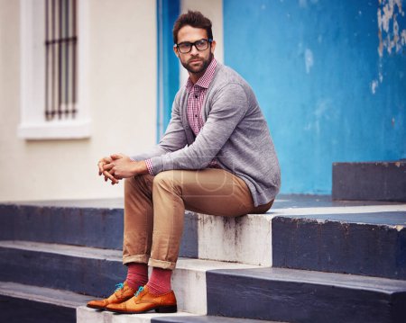 Photo for Man, building and relax on stairs for fashion, clothes and trendy with glasses outdoor in Cape Town, South Africa. Male person, gen z guy and vision for unique outfit, garment and urban style. - Royalty Free Image