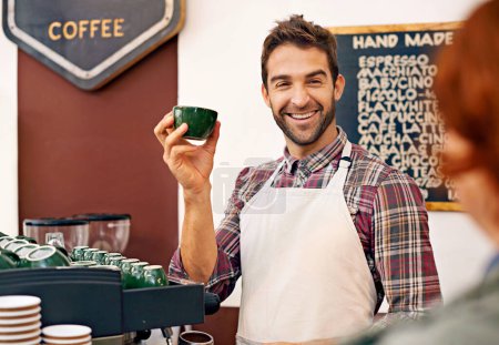 Photo for Happy man, barista and espresso for customer in coffee shop with cup for order, service and catering. Person, client or waiter in cafe for drink, tea and choice with smile, chat and helping in Italy. - Royalty Free Image
