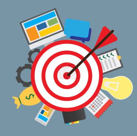 Photo for Illustration, board and arrow with icons on target for financial goals, planning timeline and personal challenge. Infographic, data analysis and chart with symbols on dartboard and aim for success. - Royalty Free Image