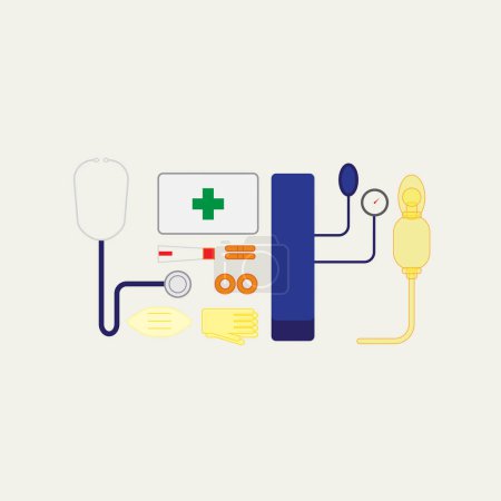 Photo for Abstract, medical and tools or equipment for healthcare at hospital for treatment, diagnosis and examination. Illustration, medicine and kit on safety for injury or illness with care and support. - Royalty Free Image