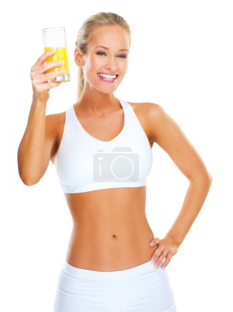 Photo for Studio, portrait and fitness for woman with juice for hydration, healthcare and wellness. White background, workout and athlete with confidence, sport and pride for girl with training of exercise. - Royalty Free Image