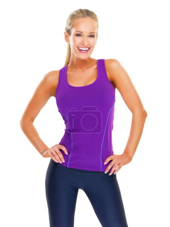 Photo for Exercise, smile and portrait of woman with sportswear for wellness, training or healthy body by white background. Athlete, happiness and female person for fitness, workout or sport in studio backdrop. - Royalty Free Image