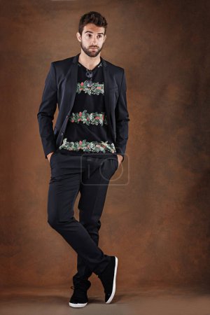 Photo for Fashion, hipster and thinking male person, formal clothing and blazer on isolated on studio background. Confidence, trendy and contemporary businessman, clothes and body of stylish professional model. - Royalty Free Image