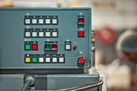 Photo for Factory, production and technology of machine closeup on system at manufacturing warehouse. Industrial, process and press button or click control panel dashboard to start productivity or development. - Royalty Free Image