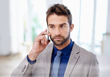 Photo for Business man, phone call and negotiation for agenda, communication and app for speaking. Male person, listening and planning for project or idea, information and discussion on career opportunity. - Royalty Free Image