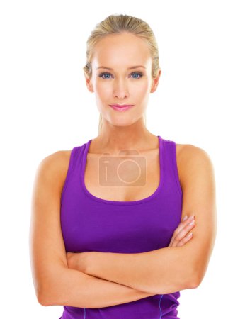Photo for Woman, portrait and sports exercise in studio confidence for gym workout, training or white background. Female person, face and fitness clothes with arms crossed or cardio, athlete or mockup space. - Royalty Free Image