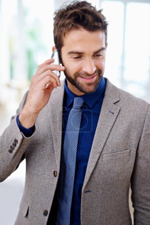 Photo for Business man, phone call and negotiation for deal in office, communication and app for talking. Male person, smile and planning for project or idea, information and discussion on career opportunity. - Royalty Free Image