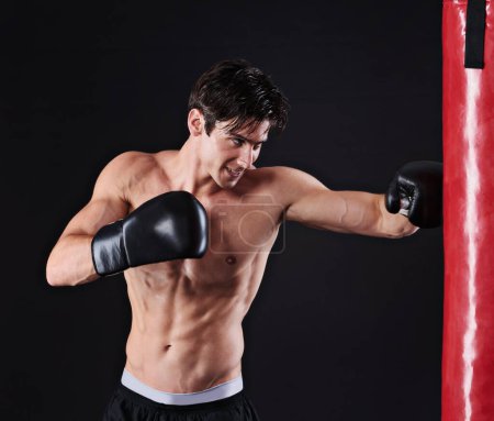 Photo for Man, punching bag and martial arts with fitness, training and fighter with gloves and wellness with cardio. Boxer, practice and athlete with exercise and workout with endurance, health and progress. - Royalty Free Image
