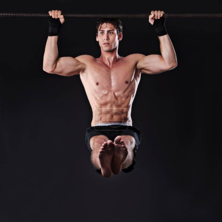 Photo for Man, bar and pull up fitness for arm exercise in studio for muscle training or strength workout, abs or black background. Male person, gym and healthy performance on mockup space, athlete or sport. - Royalty Free Image