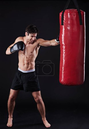 Photo for Boxer, man and punch in studio with boxing bag for workout, exercise or fight competition with dark background. Sports, gloves and serious male athlete for confidence, martial arts and fitness. - Royalty Free Image
