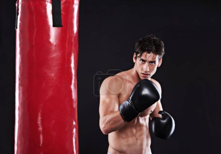 Téléchargez les photos : Fitness, boxe et portrait d'homme avec sac de boxe en studio pour l'entraînement d'exercice, de défi ou de compétition. Puissance, muscle ou boxeur champion à l'entraînement avec confiance, combat et fond noir. - en image libre de droit